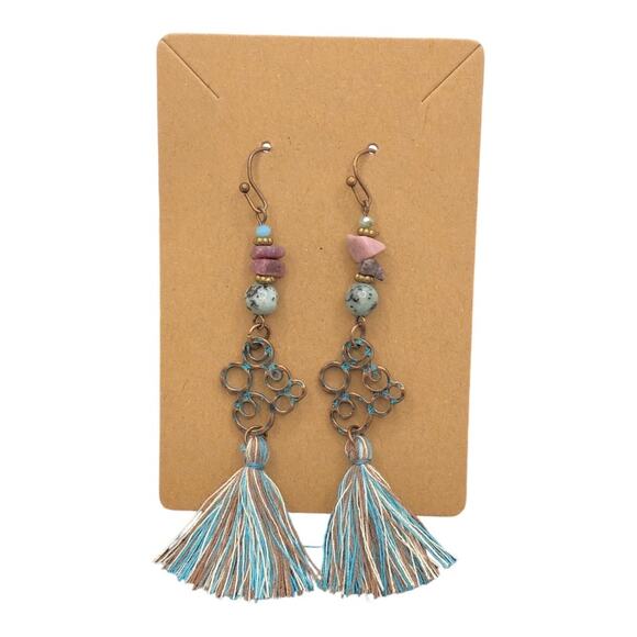 Vintage Bohemian Ornate Dangle Drop Long Turquoise Brown Tassel Earrings - Picture 1 of 8